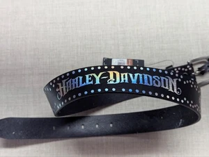 vintage Y2K black HARLEY DAVIDSON buckle belt 34 faux rhinestone SPELLOUT new - Picture 1 of 12