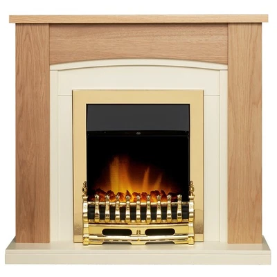 Adam Chilton Fireplace in Oak & Cream with Blenheim Electric Fire in Brass, 3... - Image 1 of 4