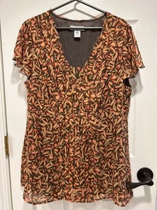 Nine West Woman sz 16W V-neck brown patterned pleated front top tunic cap sleeve - Picture 1 of 9