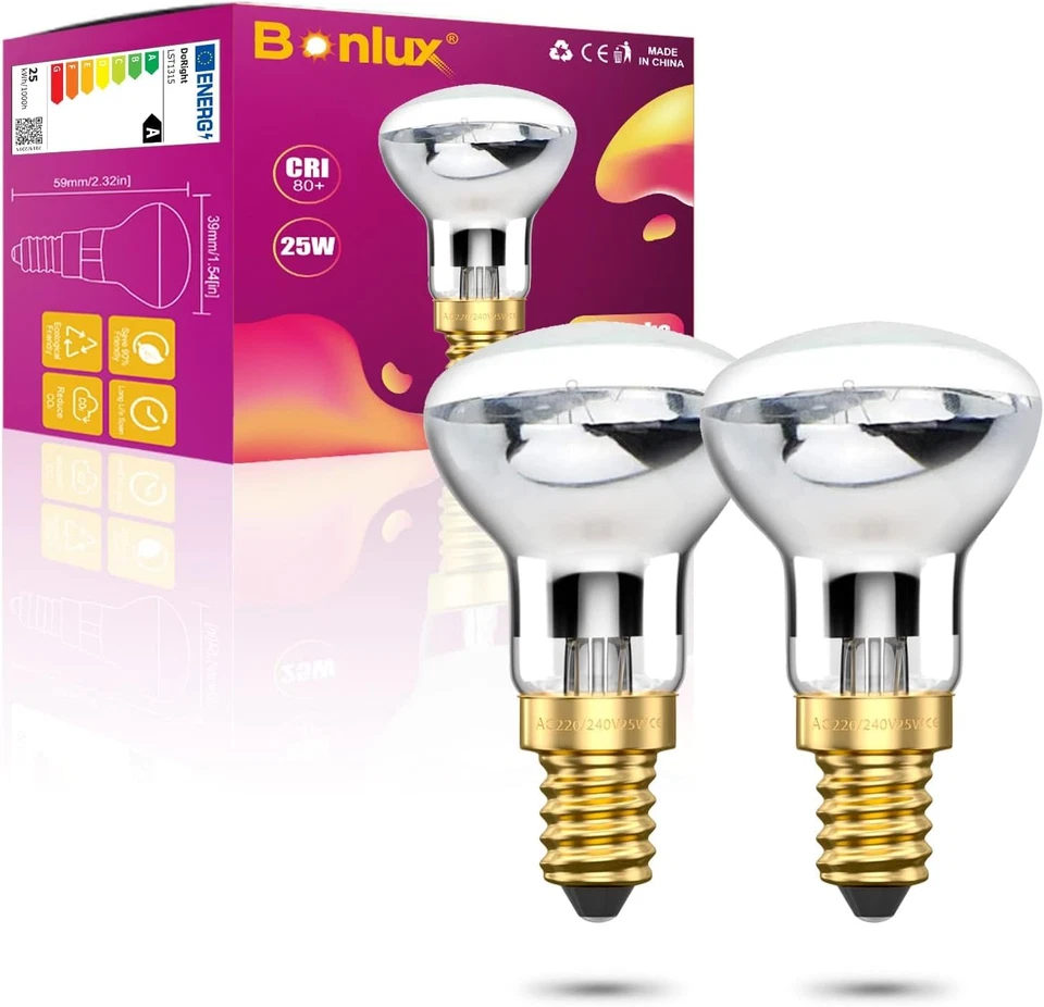 Bonlux 2X R39 E14 Reflector Bulbs Spot Lights Dimmable Lava Lamp 25W Super Brigh - Image 1 of 4