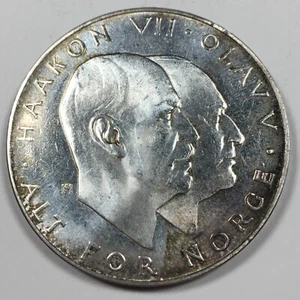1970 Norway 25 Kroner - Brilliant Uncirculated (BU) KM#414 87.5% Silver - 7094 - Picture 1 of 9