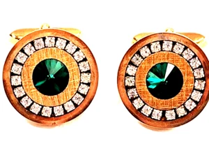Vtg Cuff Links Emerald Green Stone faux Diamond surround Textured & Gloss Gold T - Foto 1 di 4