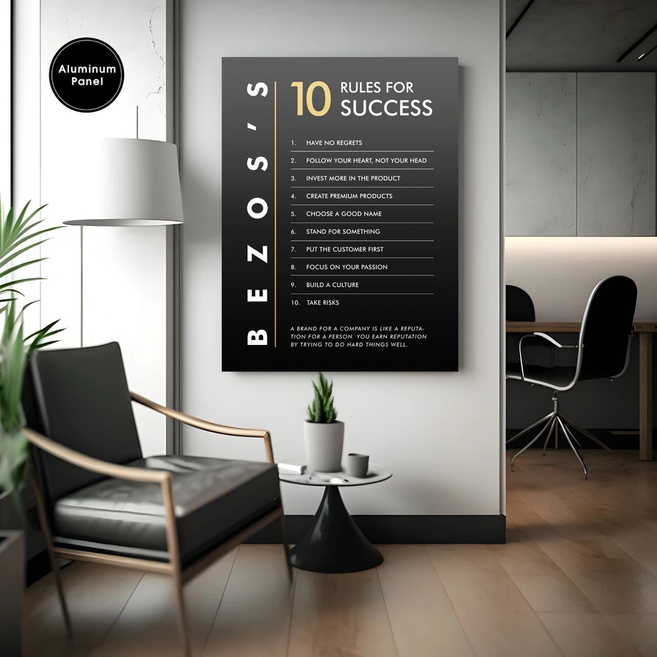 Jeff Bezos, 10 regras para o sucesso, arte de parede de motivação, decoração de escritório, parede de escritório - Imagem 1 de 1