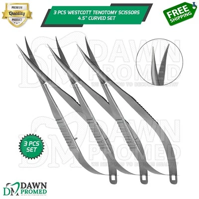 3 Pcs Curved Westcott Tenotomy Scissors 4.5" Ophthalmic Eye Instruments Set - Image 1 of 4