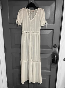 DIVIDED H&M Eyelet Short Sleeve White Sheer Maxi Dress Sz XS Boho Cottage Core - Picture 1 of 6