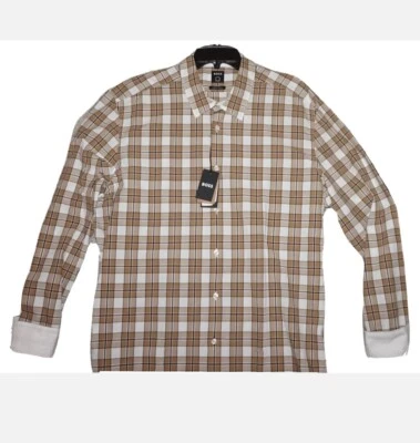 Men's Long-Sleeve Cotton shirt HUGO BOSS Lukas Check Plaid NEW Tan White Medium - Image 1 of 4