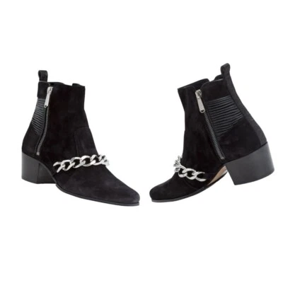 Balmain 女式 Ella 50 黑色链条短靴 37 码黑色麂皮绒 — 第 1/4 张图片