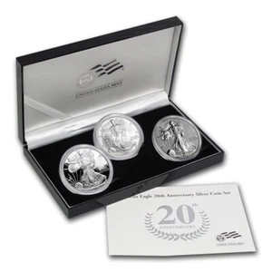 2006-W 3-Coin Proof Silver Eagle Set (20th Anniv, w/Box & COA) - Picture 1 of 7