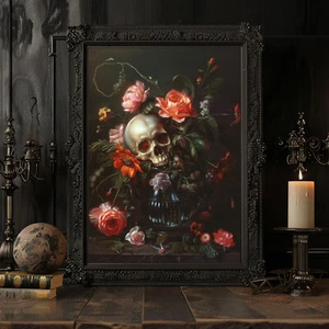 Skull Print, Vintage Skull Decor, Halloween Poster Wall Art Floral Décor - Picture 1 of 6