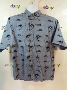 Kneeler Bay Men's Button Down Swordfish Themed Shirt Ash Bluish Gray, Black. A-3 - Picture 1 of 6