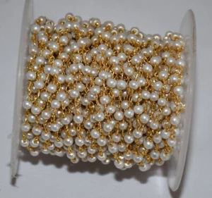 3mm Pearl Glass Bead Rosary Chain Bulk Gold Plated Brass Wire Jewelry Making - Picture 1 of 6
