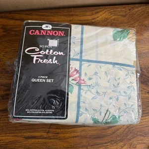 Vintage Cannon No Iron Queen 4pc Sheet Set Cotton Fresh Floral - Picture 1 of 10