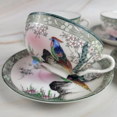Vintage Satsuma Japan Hand Painted Birds & Flowers Set of 4 Tea Cups & Saucers - Image 1 of 4