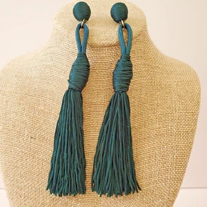 Quaste Ohrringe Waldgrün Stoff Zopf 6" lang durchbohrt goldfarbene Pfosten baumeln - Bild 1 von 5