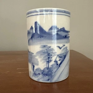 Antiker chinesischer Canton handbemalter Porzellan Pinseltopf blau weiß 1800’er - Bild 1 von 12