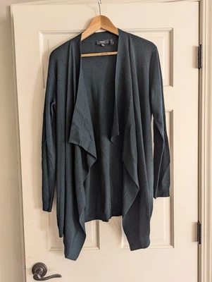 Cardigã THEORY Winxie F lã merino bolsos suéter verde brilhante tamanho G aberto - Imagem 1 de 4