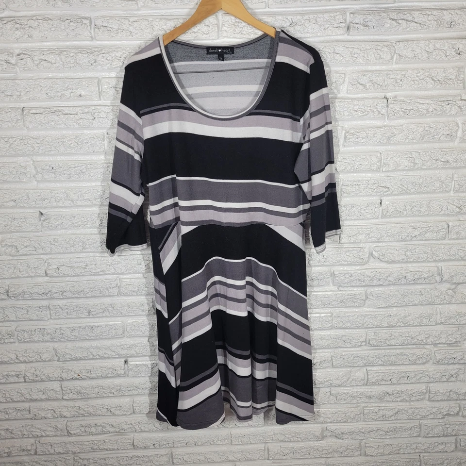 Derek Heart Womens Dress 2X Plus Sweater Mini Black Gray Stripe Comfy Poly Blend - Image 1 of 4