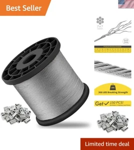 Heavy-Duty 304 Stainless Steel Cable - 328FT with 150 Crimping Sleeves Included - Picture 1 of 9