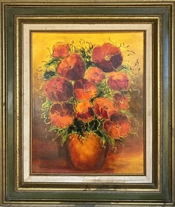 Vintage Mid-Century gerahmtes Mohn/Blume Ölgemälde, signiert H Douglasie, 24" x 28" - Bild 1 von 9