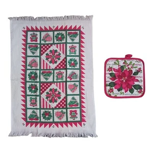 Vintage Christmas Poinsettia Pot Holder & Tea Towel Set Cannon Fringe Red White - Picture 1 of 8