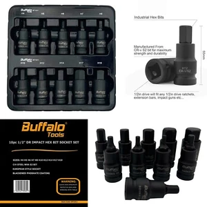Impact Hex Bit Allen Sockets Set 1/2'' Drive 10pc H4 to H19 4mm - 19mm Allen Key - Picture 1 of 10