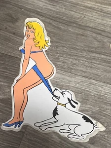90's VTG Girlie Nude Pin up Blue Bikini Dog Funny Humor  STICKER Decal  8" x 6 - Picture 1 of 2