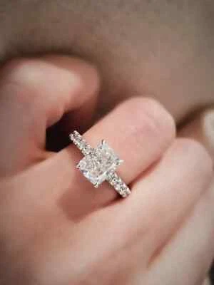 2Ct Cushion Cut VVS1 Lab Created Diamond Engagement 14K White Gold Finish Ring - Image 1 of 4