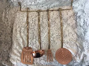 Brass And Copper Kitchen Utensils 5 Piece Spatula, Strainer, Flipper, Fork Rack - Picture 1 of 10