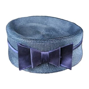 Vintage Pill Box Hat Jerri-Jo Hats Blue Straw With Bow - Picture 1 of 6
