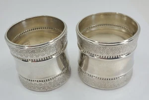 Pair Victorian Sterling Wood & Hughes Large Napkin Rings Decorated Bands NM - Picture 1 of 5