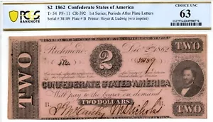 1862 $2 Confederate States of America T-54 PF-11 Banknote - PCGS 63! Choice Unc. - Picture 1 of 4