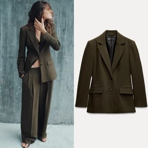 Zara Longline Straight Blazer Jacket Dark Khaki Green Size L - Picture 1 of 4