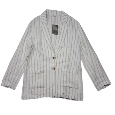 New Garnet Hill Washed Linen Blazer Women's Medium Cream Tan Striped Coastal - Image 1 of 4
