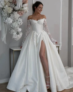 Wedding Dresses A Line Sequined Bride Gowns Long Sleeve Split Vestidos Noche - Picture 1 of 11