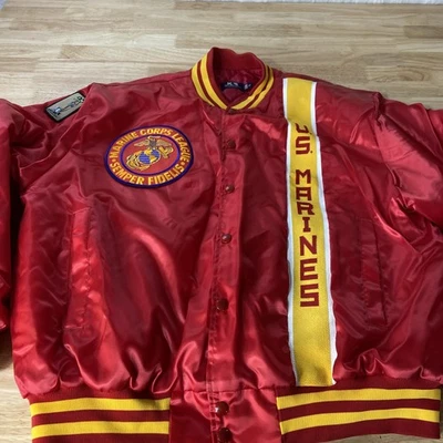 Jaqueta bombardeiro vintage anos 80 fuzileiros navais dos EUA listrada botão completo cetim feita nos EUA tamanho GG - Imagem 1 de 4