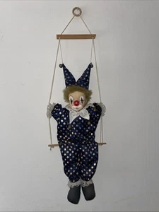 Vintage Clown Doll On A Swing - Hand Painted Wooden Face 65 Cm Approx - Picture 1 of 9