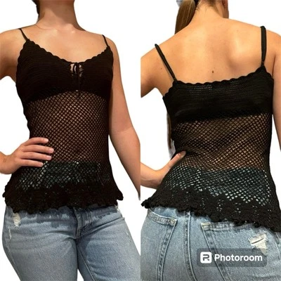 Vintage Y2K Guess Jeans Knit Crochet Sheer Babydoll Tank Camisole Black Size M - Image 1 of 4
