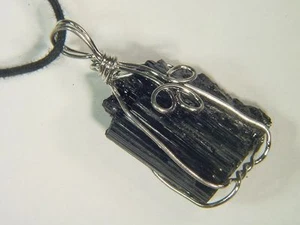BUTW Raw Brazilian Black Tourmaline SP Wire Wrapped Pendant 39mm x 17mm 7737E - Picture 1 of 2