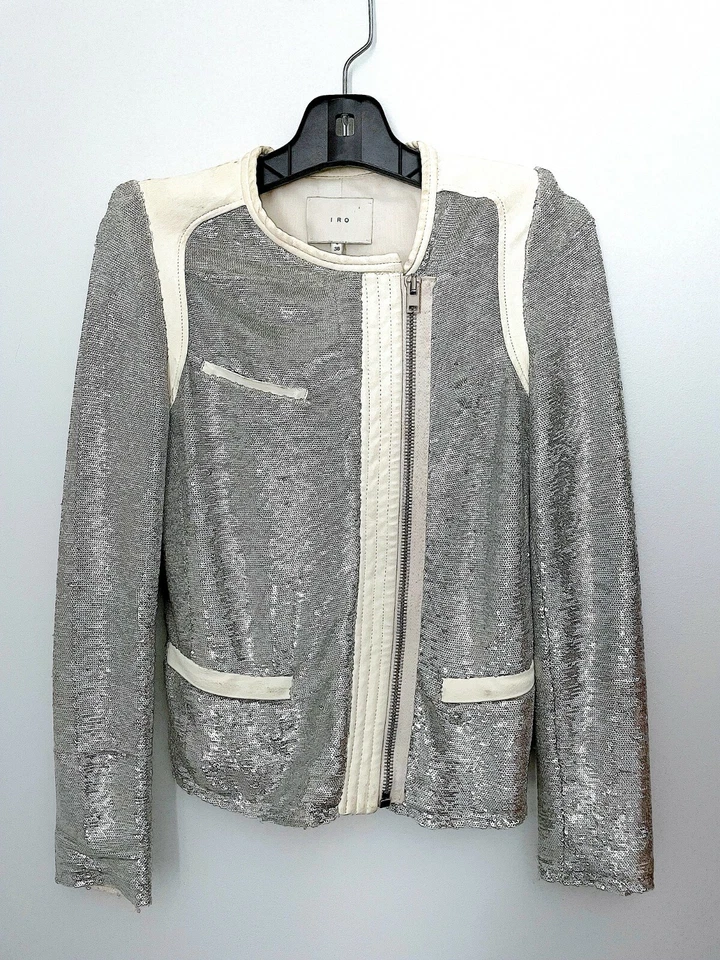Chaqueta IRO Plateada Lentejuelas Cuero Blanco Cremallera Talla FR 36 US 2 Foto 1 de 4
