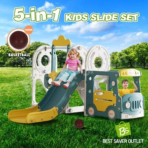 Kids Slide Swing Set Kids Ladder Climber Steps Basketball Hoop Toy Bus Playhouse - Picture 1 of 10