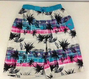 PUMA Boys Teal Gray Pattern Swim Trunks Elastic Tie Waist Swim Shorts Size XL - Picture 1 of 6