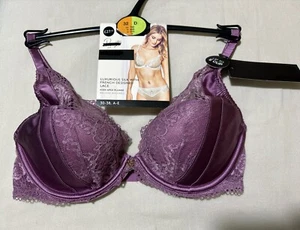 M&S ROSIE AUTOGRAPH LUXURIOUS SILK & LACE HIGH APEX PLUNGE Bra DARK LILAC Sz 32D - Picture 1 of 9