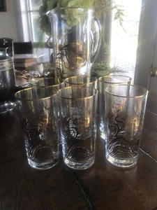 Vintage Martini Bar Cocktail Mixer Pitcher & 6 Gold Rimmed Glasses Sea Reef - Picture 1 of 5