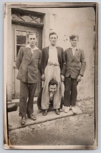 Vtg French Men Joking Around RPPC Postcard Funny Pose 1931 Unposted - Picture 1 of 2