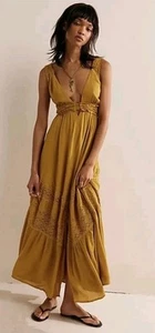 Free People Mustard Yellow Hadlee Maxi Crochet Boho Long Dress Size Small - Picture 1 of 6
