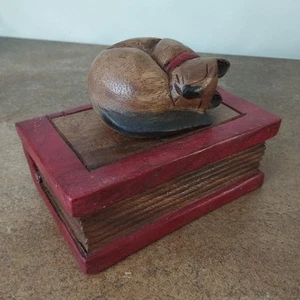Carved Wooden Kitten or Cat Sleeping On A Book/Trinket Box, Red - Picture 1 of 9
