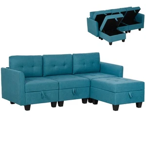 HOMCOM Convertible Modular Sectional Sofa w/ Storage Wood Frame Light Blue - Picture 1 of 11