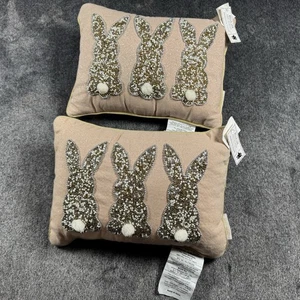 New Bella Lux Sequined Bunny Rabbit Pink Gold Trim Throw Pillow NWT - Picture 1 of 10