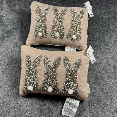 New Bella Lux Sequined Bunny Rabbit Pink Gold Trim Throw Pillow NWT - Image 1 of 4