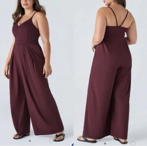 Halara Women 2X Breezeful Backless Wide Leg Quick Dry Jumpsuit Burgundy Pockets - Picture 1 of 8